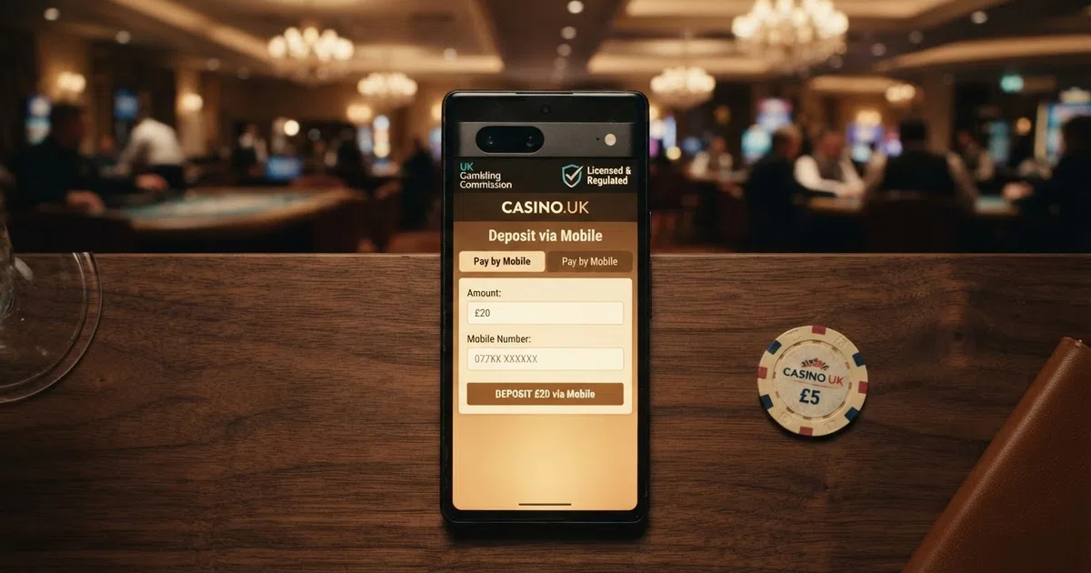 A smartphone screen showing a casino deposit page with a Boku pay-by-mobile option selected, the phone-number entry field visible, and a casino lobby blurred in the background