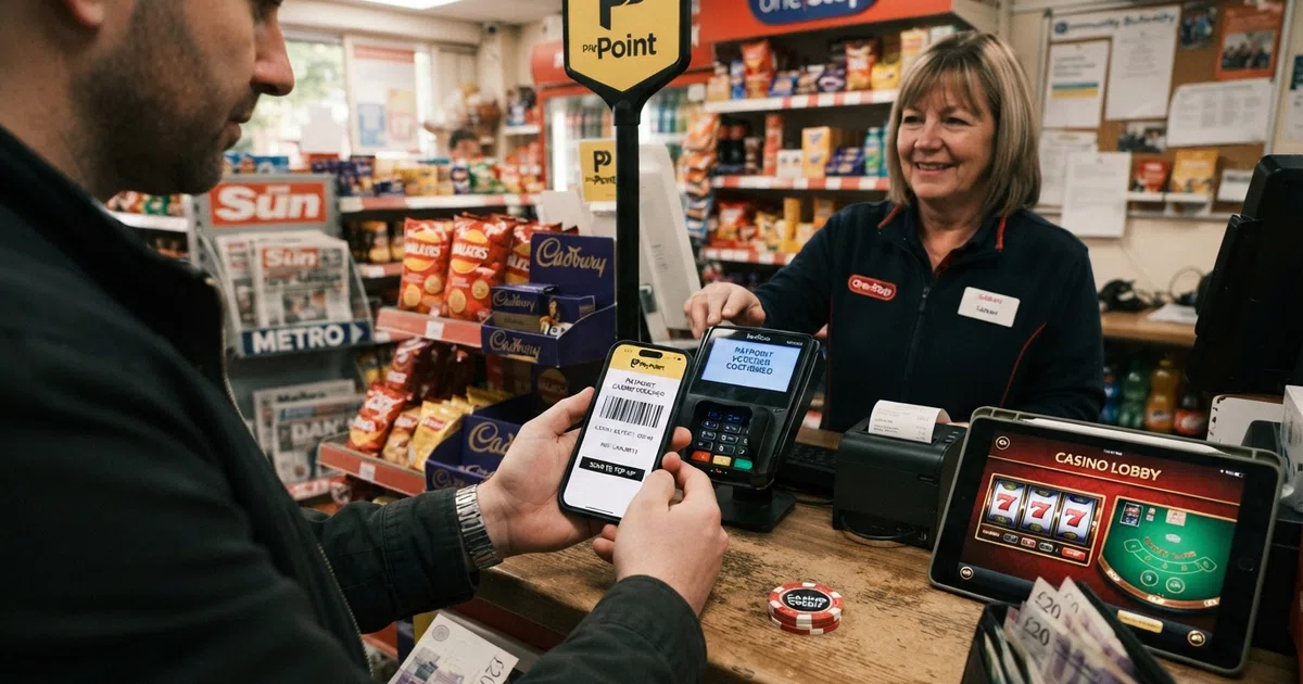 A UK PayPoint shopfront with a smartphone displaying a CashtoCode barcode on screen, cash and a casino lobby visible in the background