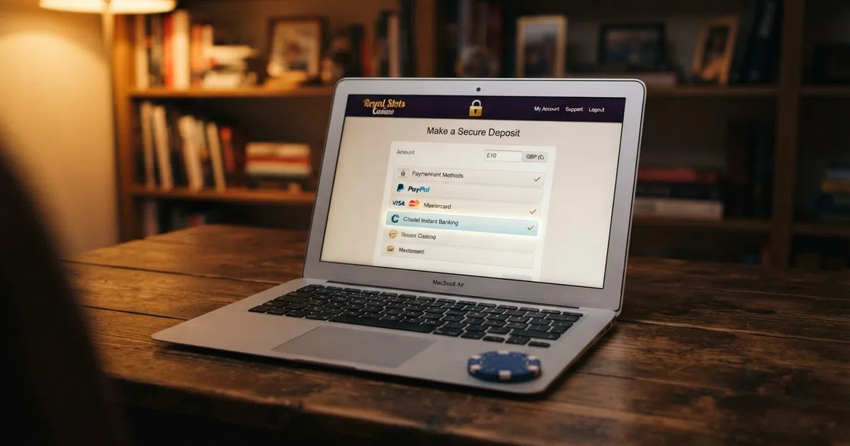 A UK online casino deposit screen on a laptop showing Citadel Instant Banking listed among the payment options alongside Visa, PayPal and Trustly logos