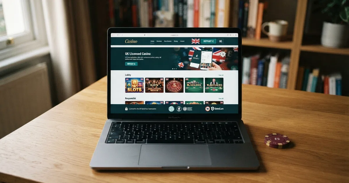 A laptop screen displaying a UK online casino lobby with a padlock symbol and Gambling Commission logo visible in the footer