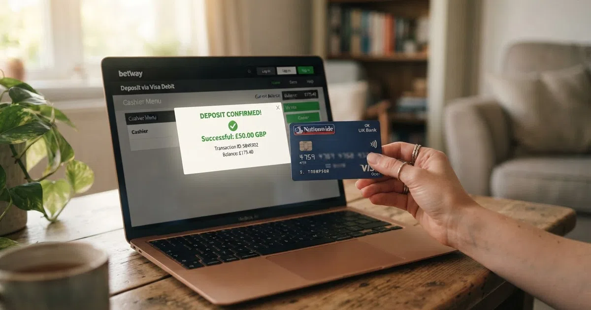 A UK player's hand holding a debit card in front of a laptop screen showing an online casino cashier page with a deposit confirmation overlay