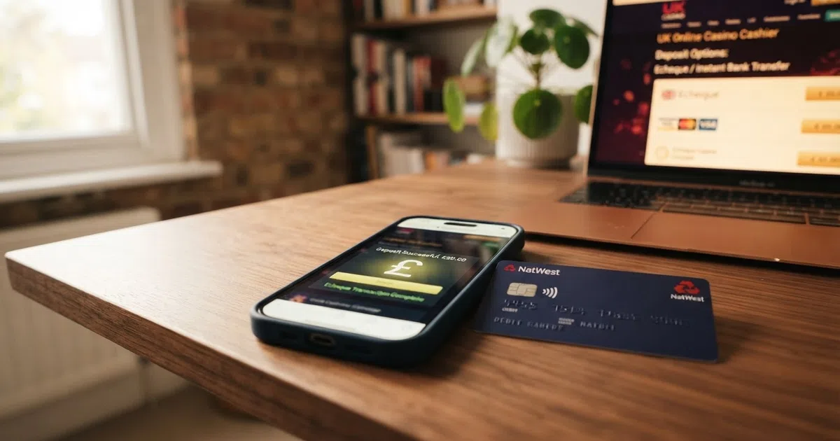 A UK online casino cashier screen showing echeque or bank transfer listed among the deposit-method options, with a British bank card and a smartphone beside it on a desk.