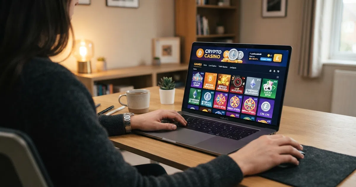 A laptop screen displaying an Ethereum casino lobby with the ETH logo, game thumbnails and a deposit interface showing a wallet-connection prompt