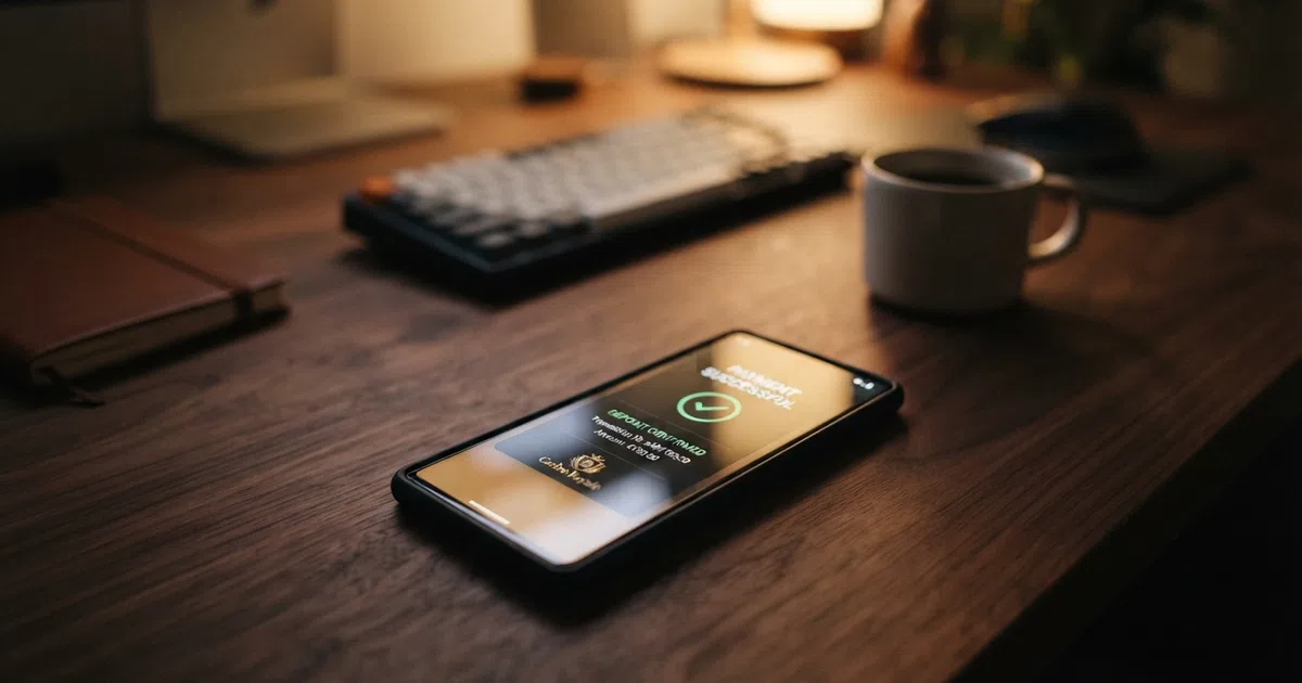 Smartphone screen displaying the Google Pay checkout interface with a confirmation overlay and a casino logo visible in the app