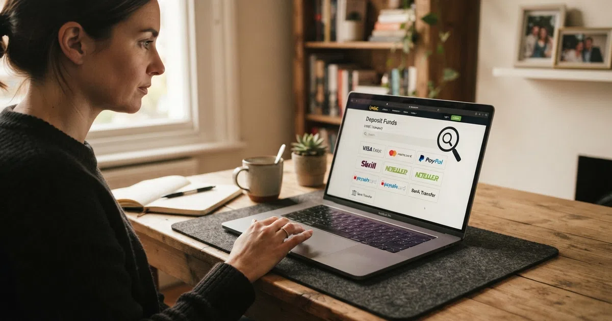 A UK casino player looking at a cashier page on a laptop screen, with Instadebit absent from the list of available deposit methods, a magnifying glass or search cursor emphasising the gap