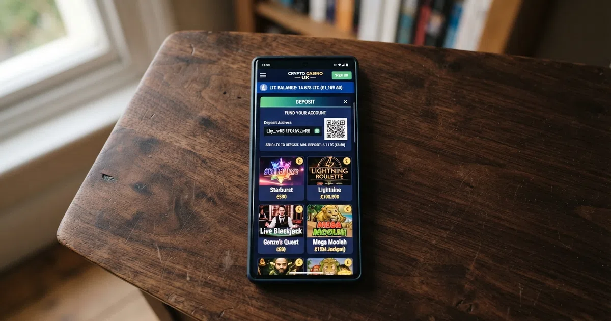 A smartphone screen showing a Litecoin wallet balance next to a casino lobby with slots thumbnails, the LTC logo visible on the deposit screen
