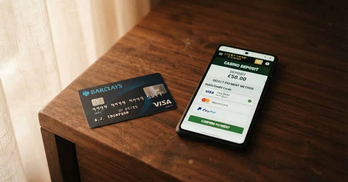 A UK-issued Maestro debit card beside a smartphone showing a casino deposit screen with the Maestro logo visible in the payment options