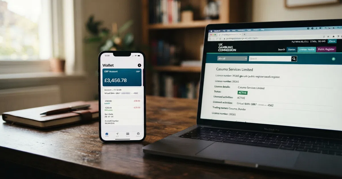 MiFinity e-wallet app interface on a smartphone screen alongside a UK Gambling Commission public register search page