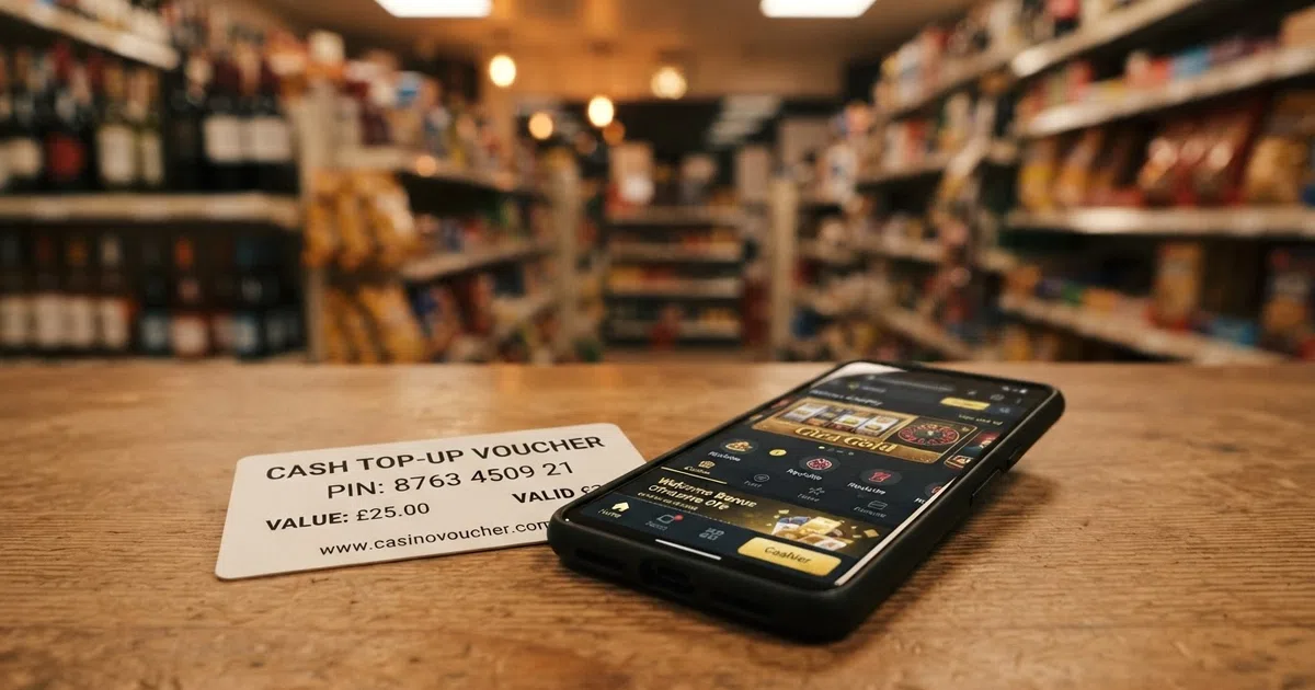 A Neosurf prepaid voucher beside a smartphone showing an online casino game lobby