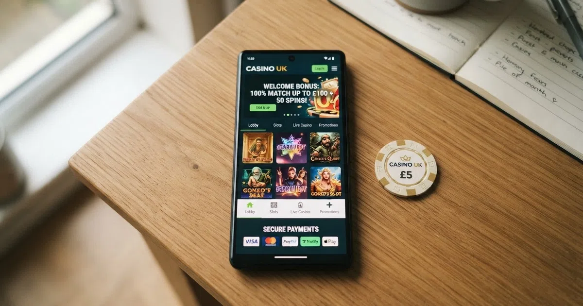 A smartphone screen showing a UK online casino lobby page with the Neteller logo visible among the deposit options, photographed on a clean desk