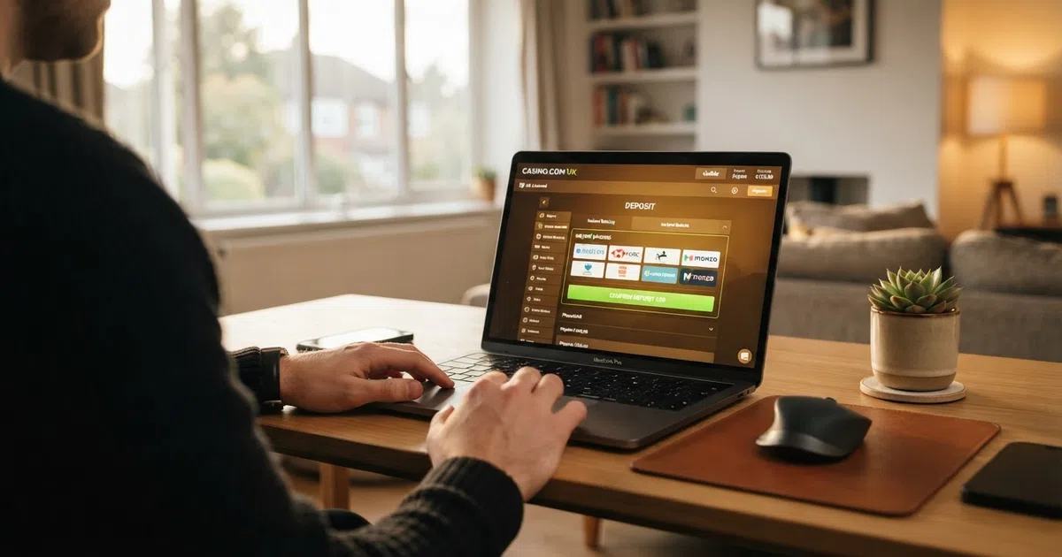 A UK-licensed online casino homepage displayed on a laptop screen, with a Trustly or instant-banking deposit button visible and highlighted on the cashier interface
