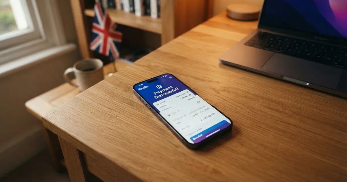 A smartphone screen displaying a PayPal app confirmation page beside a UK online casino lobby showing slot thumbnails and a GBP balance, with a Union Jack visible in the background