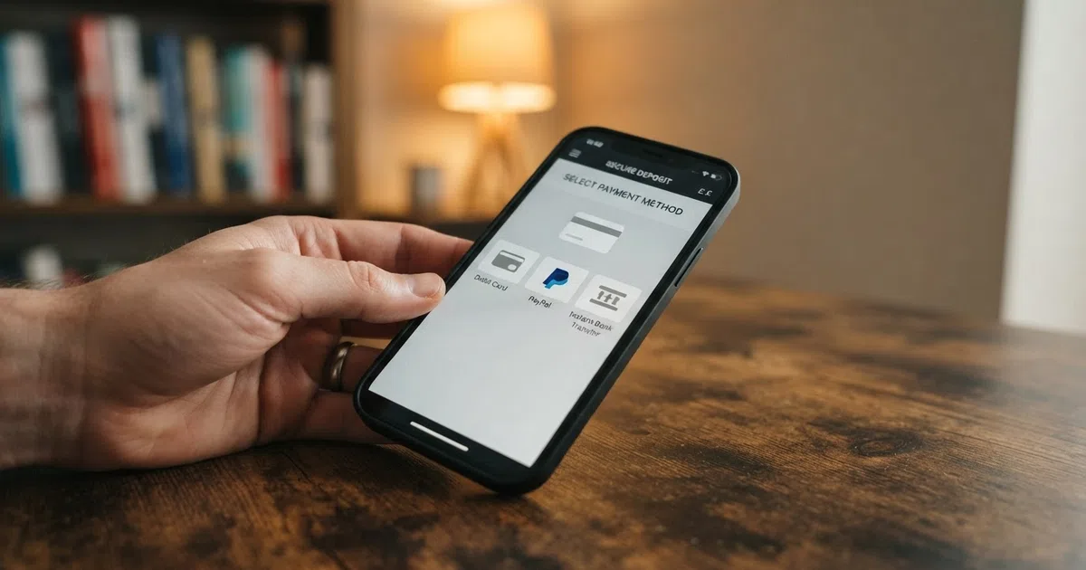 A UK online casino banking page showing deposit method icons — Visa, Mastercard, PayPal, Trustly and Apple Pay — with no POLi logo visible among them