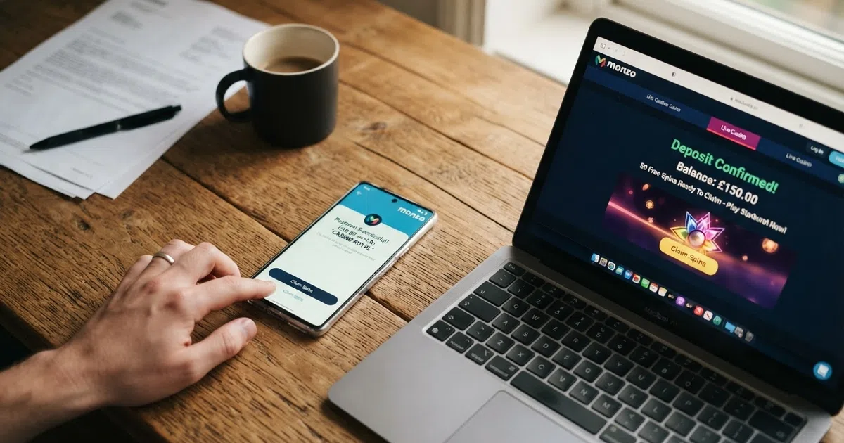 A smartphone screen showing the Revolut app open beside a casino cashier page with a deposit confirmation on a desk
