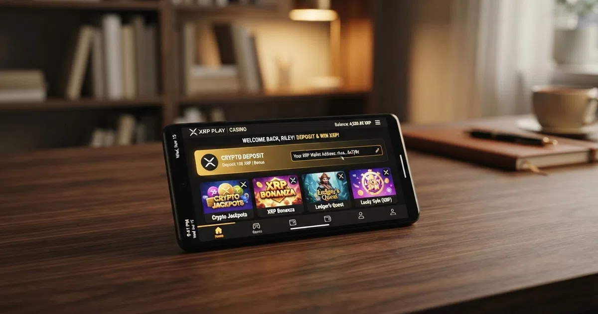 A smartphone screen showing an XRP casino lobby with slot thumbnails, a crypto deposit icon and an XRP wallet address field visible