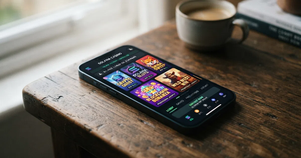 A smartphone displaying a crypto casino lobby screen with the Solana blockchain logo, slot game thumbnails and a deposit interface
