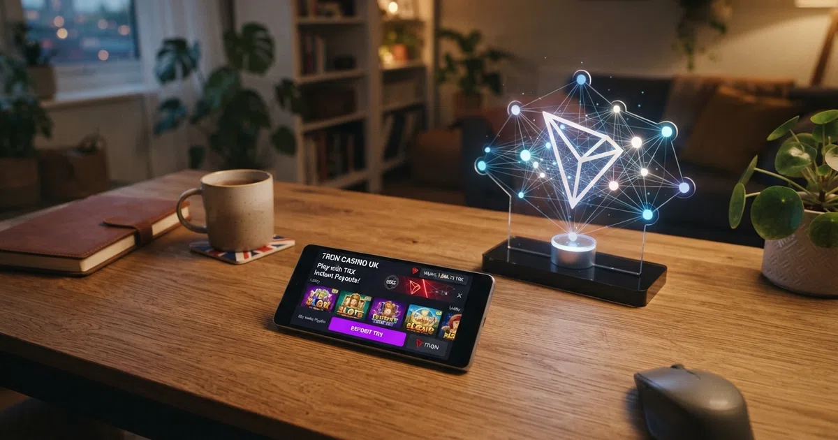 A smartphone screen displaying a crypto casino lobby with a TRON (TRX) deposit option highlighted, beside a TRON blockchain network visualisation showing transaction nodes
