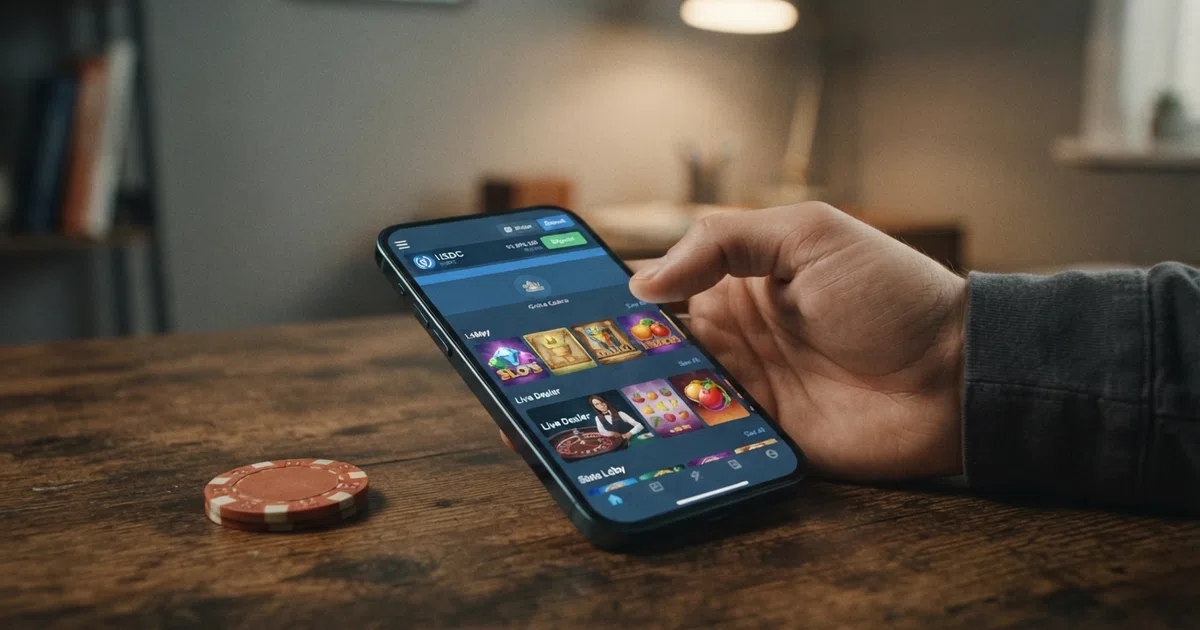 A smartphone screen showing a USDC stablecoin logo beside an online casino lobby with slot thumbnails and a deposit prompt