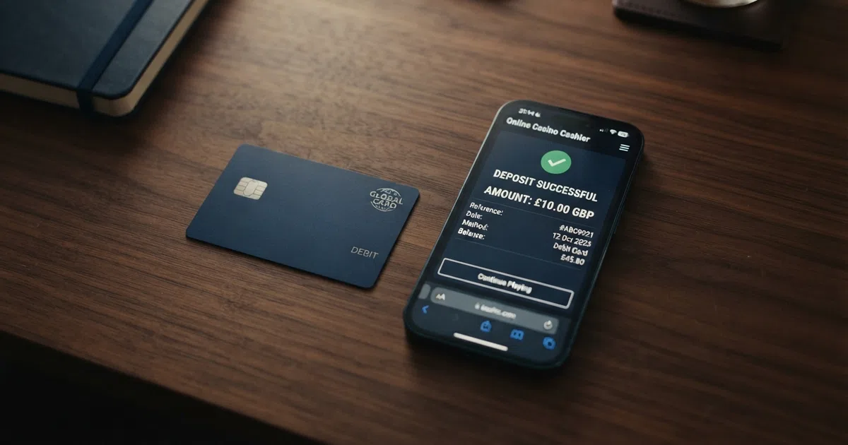 A UK-issued Visa debit card placed beside a smartphone displaying an online casino cashier screen with a deposit confirmation