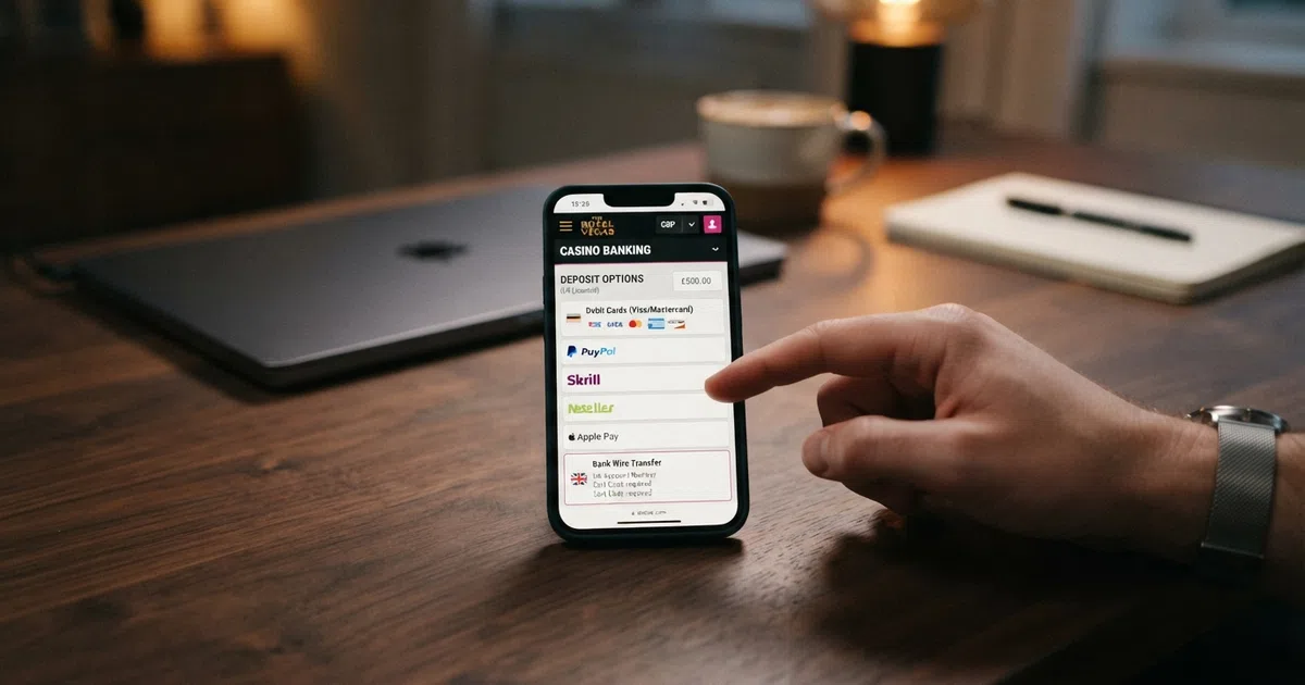 A UK online casino banking page showing wire transfer listed as a deposit option alongside debit card, e-wallet and Apple Pay methods