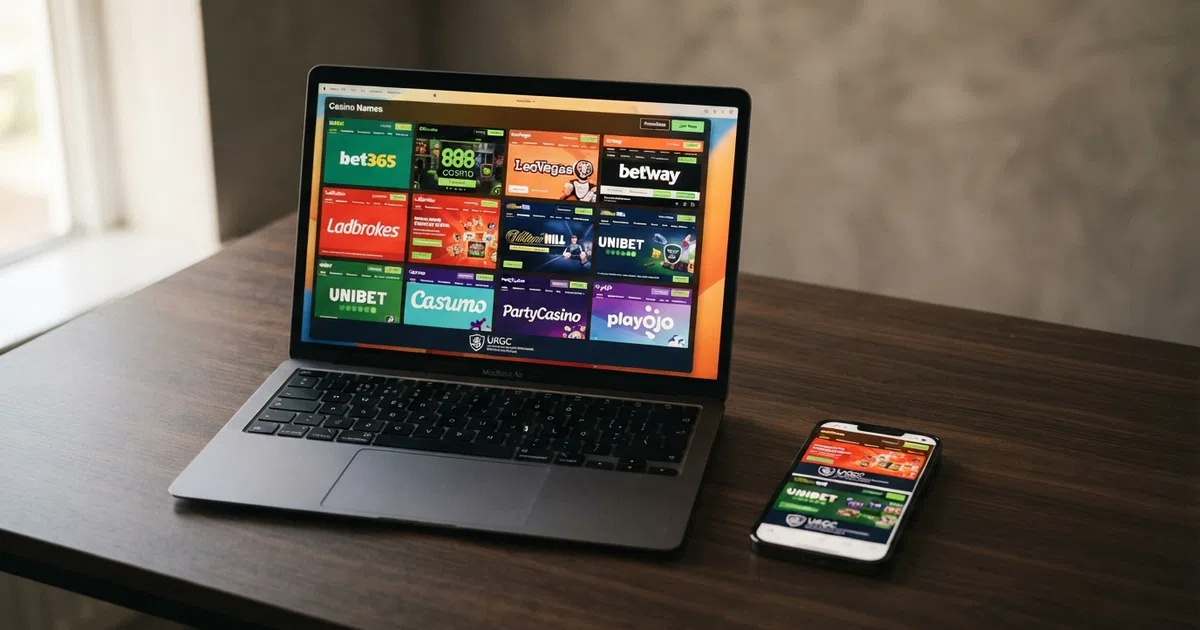 Ten UKGC-licensed online casino homepages displayed across a laptop screen and a smartphone, with a Gambling Commission logo badge visible on each