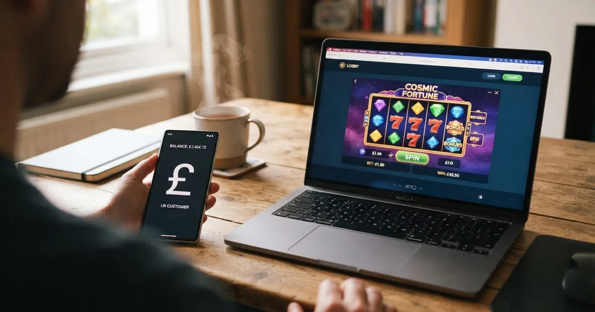 A laptop screen displaying a casino homepage with a GamStop logo crossed out or greyed out, beside a smartphone showing a UK Gambling Commission badge, on a desk with a cup of tea