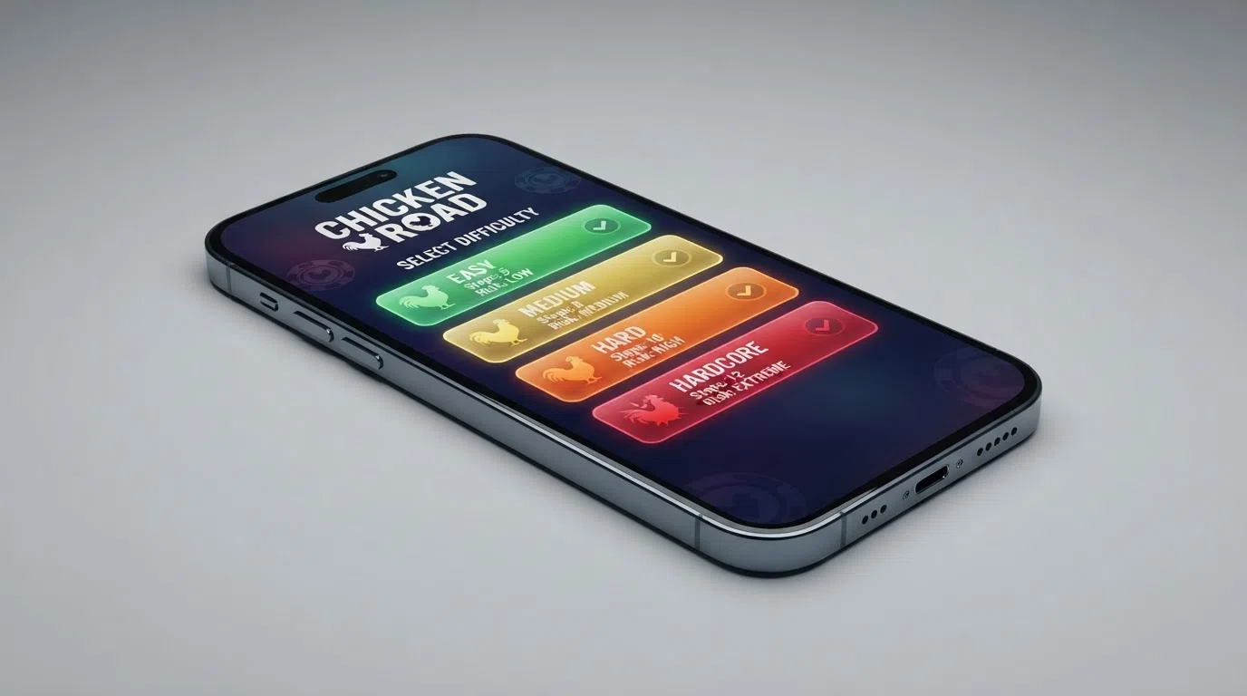 The four Chicken Road difficulty-mode selection screen — Easy Medium Hard and Hardcore — with the step count and risk level labelled for each