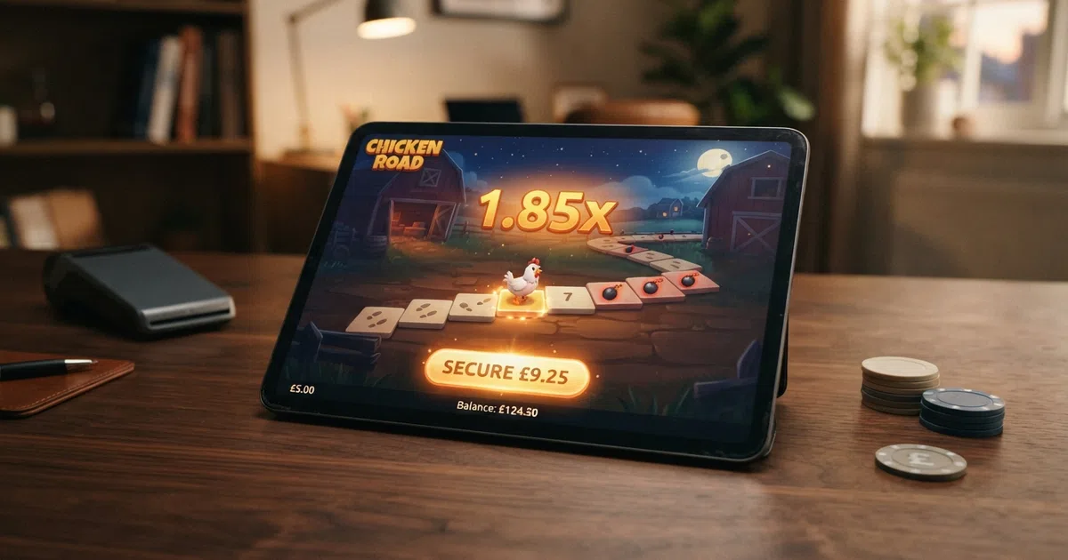 A browser window showing the Chicken Road crash-game interface with the multiplier counter rising and the chicken mid-path between visible and hidden traps, on a desktop or tablet screen