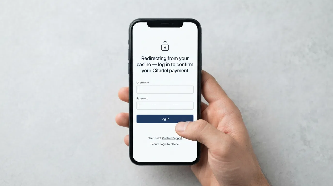 A smartphone displaying a secure bank login portal with the message “Redirecting from your casino — log in to confirm your Citadel payment”