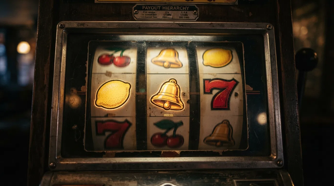 A close-up detail of classic fruit-machine symbols — cherries, lemons, bells and red sevens — on vintage-style slot reels