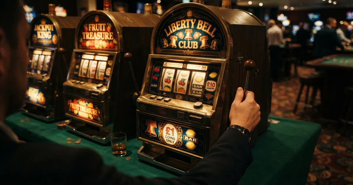 A row of three classic slot machines with illuminated fruit symbols and a pull lever, photographed against a dark casino-floor backdrop