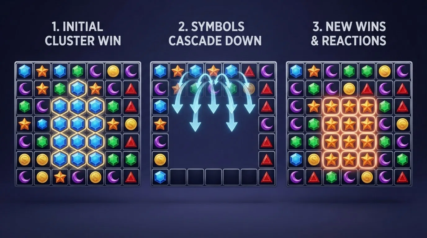 A three-panel diagram showing a winning cluster being removed, new symbols cascading down to fill the gaps, and a second cluster forming from the refill