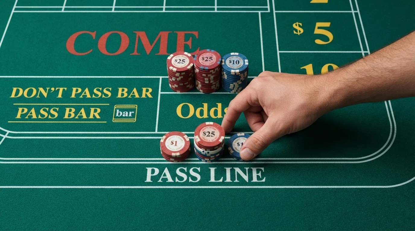 A close-up of a green craps table felt showing the pass line, the don't pass bar, the come area and odds-bet positions behind the pass line, with casino chips placed on the pass line and behind it for the odds bet