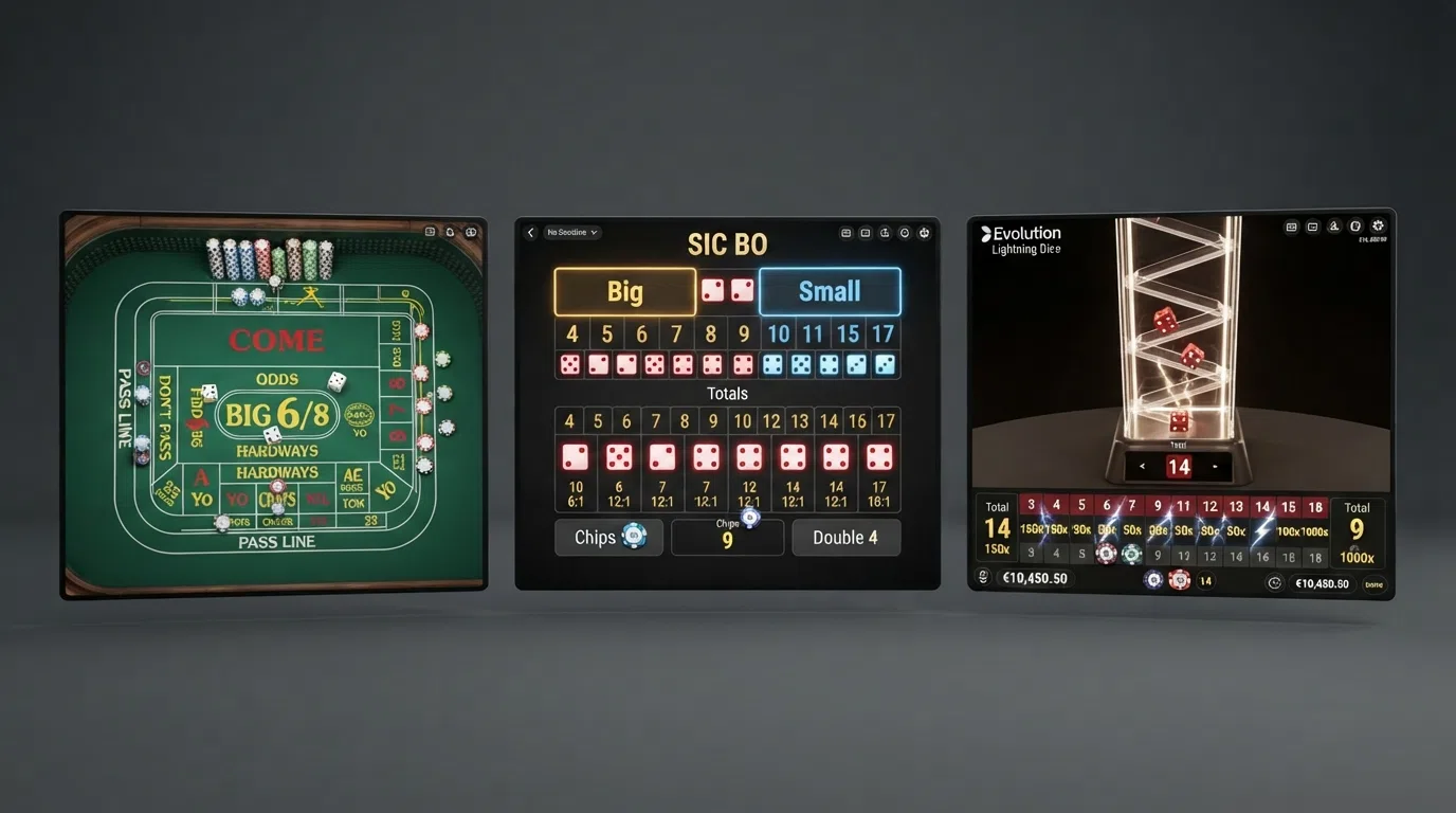 Three casino-game interfaces shown side by side: a Craps table layout with Pass Line and Don't Pass markings, a Sic Bo betting grid with Big and Small sections highlighted, and Evolution's Lightning Dice tower with illuminated multiplier numbers