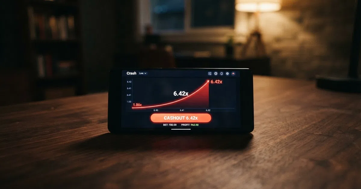 A rising multiplier curve on a dark game interface with a cash-out button highlighted in the centre of the screen