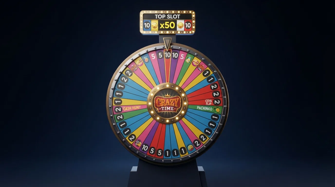 The Crazy Time main wheel with its 54 coloured segments and the Top Slot multiplier display above it