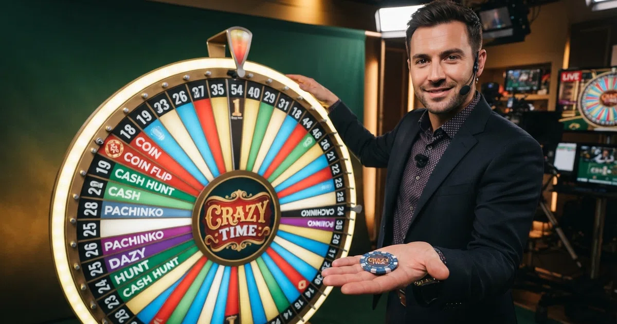 A live game-show presenter stands beside the illuminated Crazy Time wheel in an Evolution Gaming studio, the 54-segment wheel visible with its bright colours and number panels