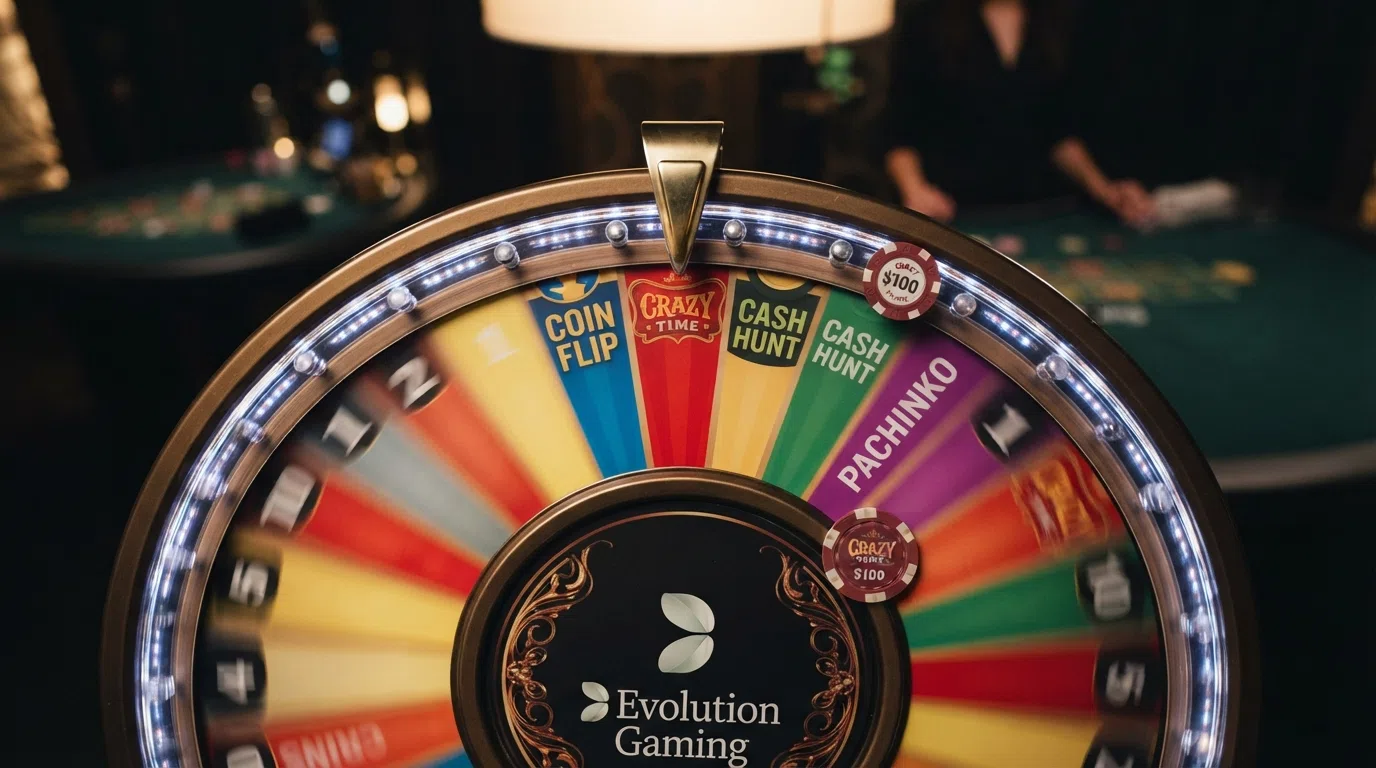 A close-up of the Crazy Time wheel mid-spin showing the flapper at the top, with the four bonus-round segments — Coin Flip, Cash Hunt, Pachinko and Crazy Time — visible among the number segments