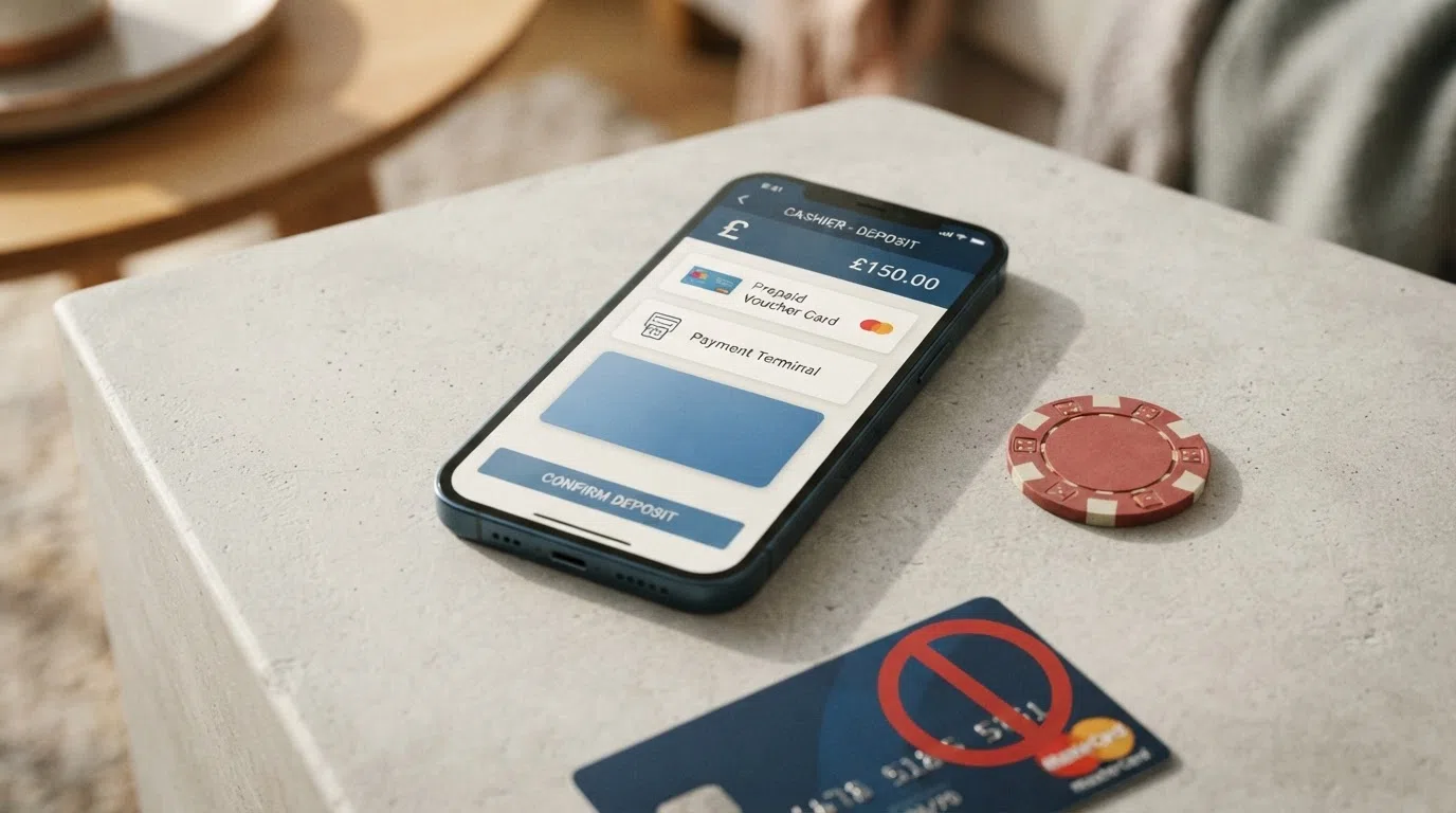A credit card marked with a red ban symbol beside an e-wallet app on a phone screen.