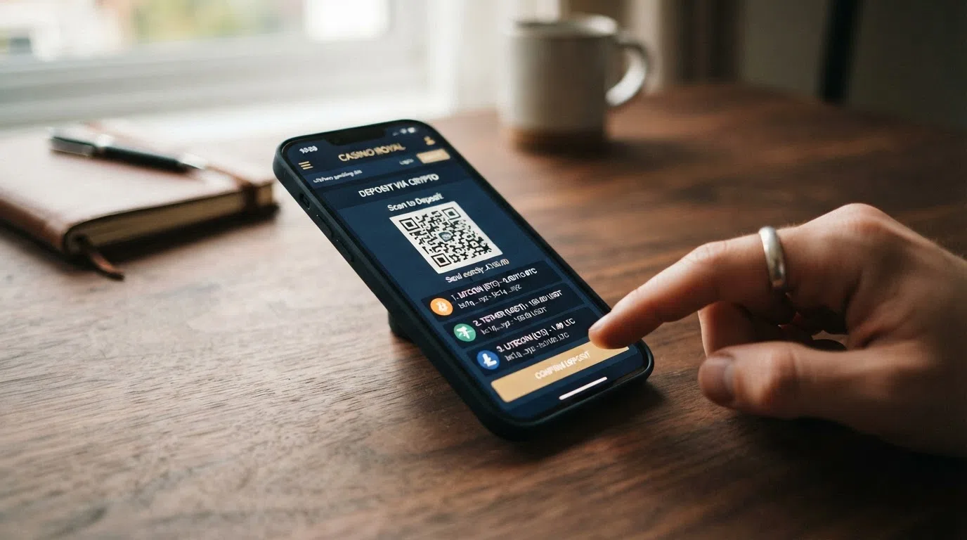A smartphone screen displaying a Bitcoin wallet QR code alongside an offshore casino deposit interface showing BTC, ETH and USDT as payment options