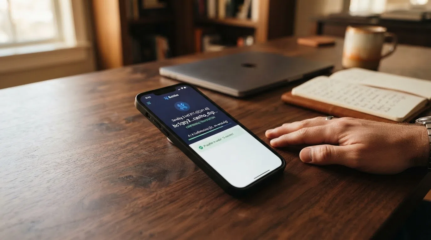 A smartphone screen showing a Bitcoin wallet sending a deposit to an offshore casino address, with a confirmation counter and a “playable in under 10 minutes” annotation