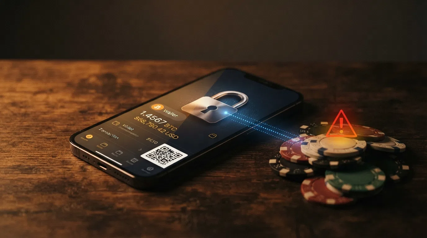 A smartphone screen showing a Bitcoin wallet balance on one half and a padlock icon on the other, connected by a dotted VPN tunnel line, with a red warning triangle at the point where the tunnel meets a casino chip stack
