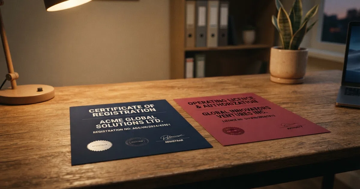 A Curacao Gaming Authority licence document and a UK Gambling Commission registration certificate placed side by side on a desk, the CGA document showing the OGL number and company details, the UKGC certificate showing the operating licence number and licensee name