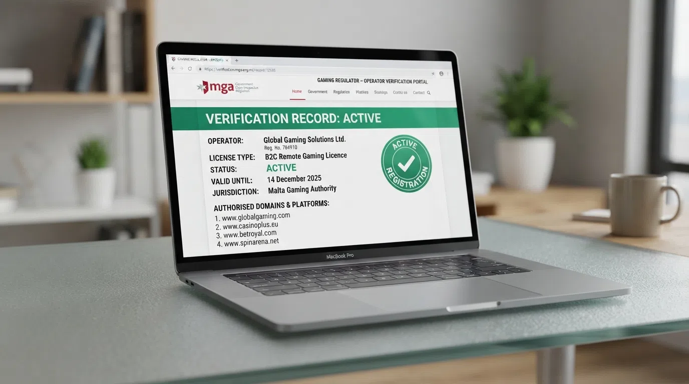 A browser window open to cert.cga.cw showing an active Curaçao licence record with the operator name, licence type and authorised domains visible