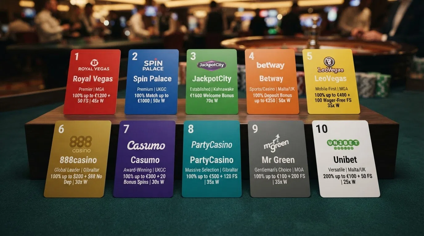A grid of ten casino brand cards arranged in ranked order, each card showing the operator name, licence type, welcome bonus headline and wagering multiplier
