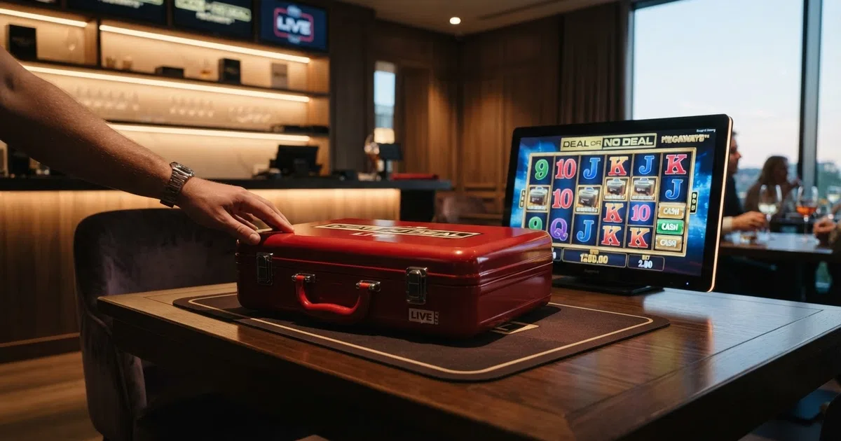 A wide-angle view of the Deal or No Deal Megaways slot reels alongside the Evolution live game-show studio with the iconic red briefcase centre frame