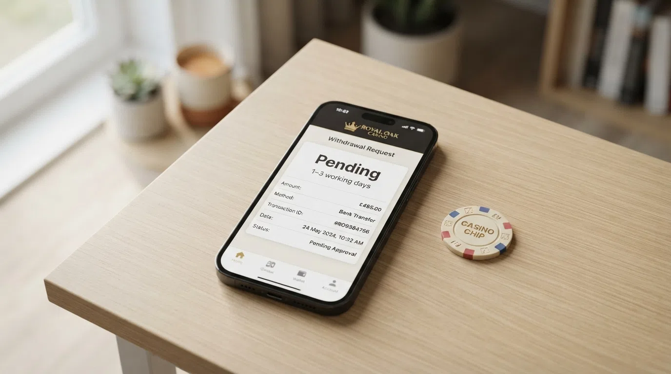 A smartphone displaying a casino withdrawal screen showing “Pending — 1–3 working days” with a debit card next to it