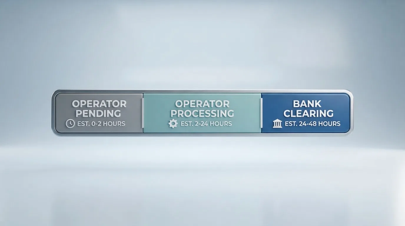 A timeline graphic showing the three stages of a debit card withdrawal — operator pending, operator processing, bank clearing — with estimated durations for each stage