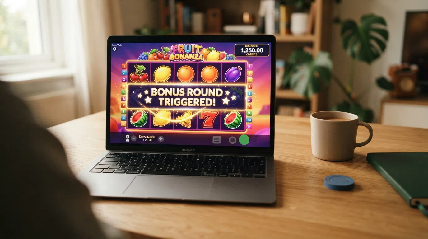 A laptop screen displaying a browser tab with a slot game in demo mode, the play-money balance visible in the corner, no login form or sign-up prompt on screen.