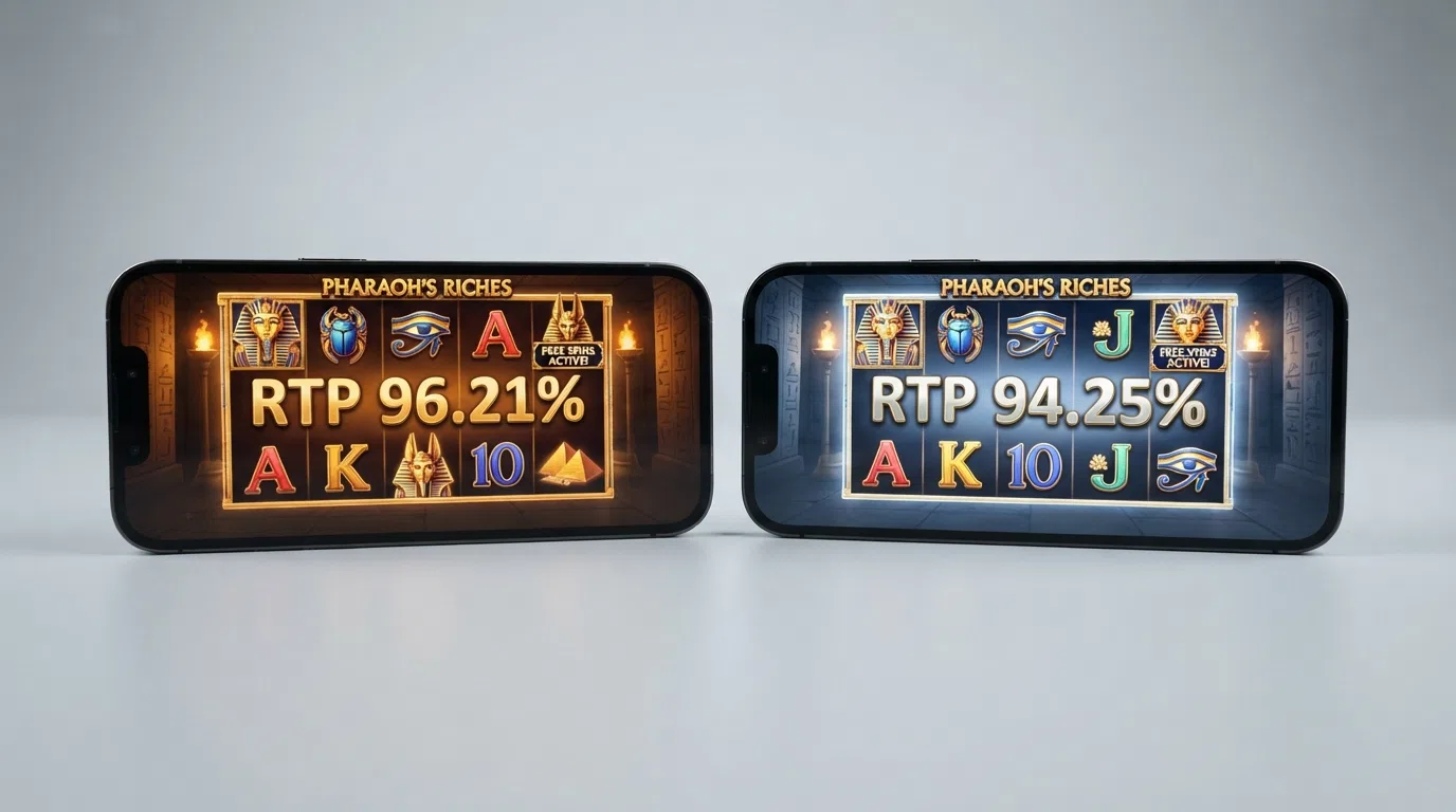 A side-by-side visual showing two versions of the same slot title with different RTP percentages labelled — one reading 96.21% and the other reading 94.25%